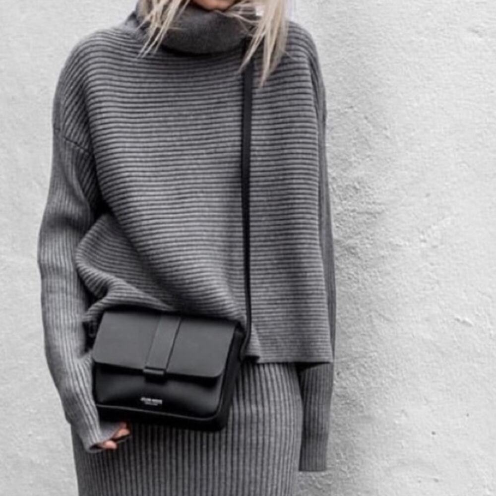 Zara Grey Ribbed Knit Turtleneck Sweater Loose Fit Mock Neck Medium
